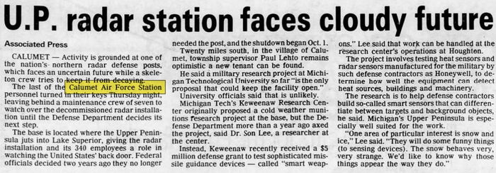Calumet Air Force Station (Open Skies Project) - Dec 1988 Article